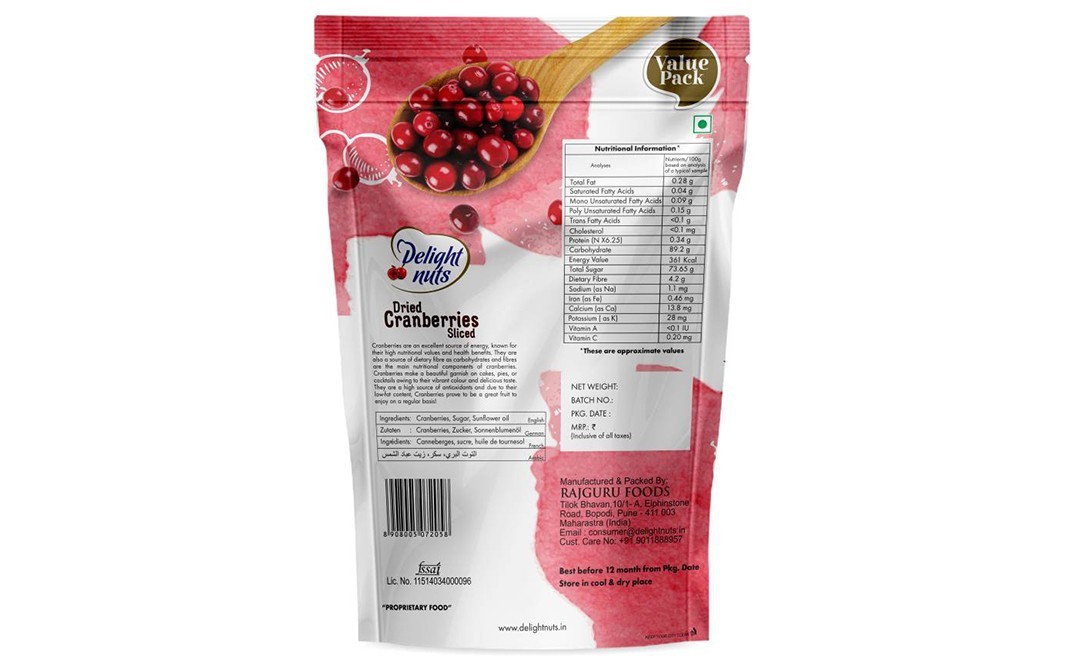 Delight Nuts Dried Cranberries Sliced    Pack  750 grams